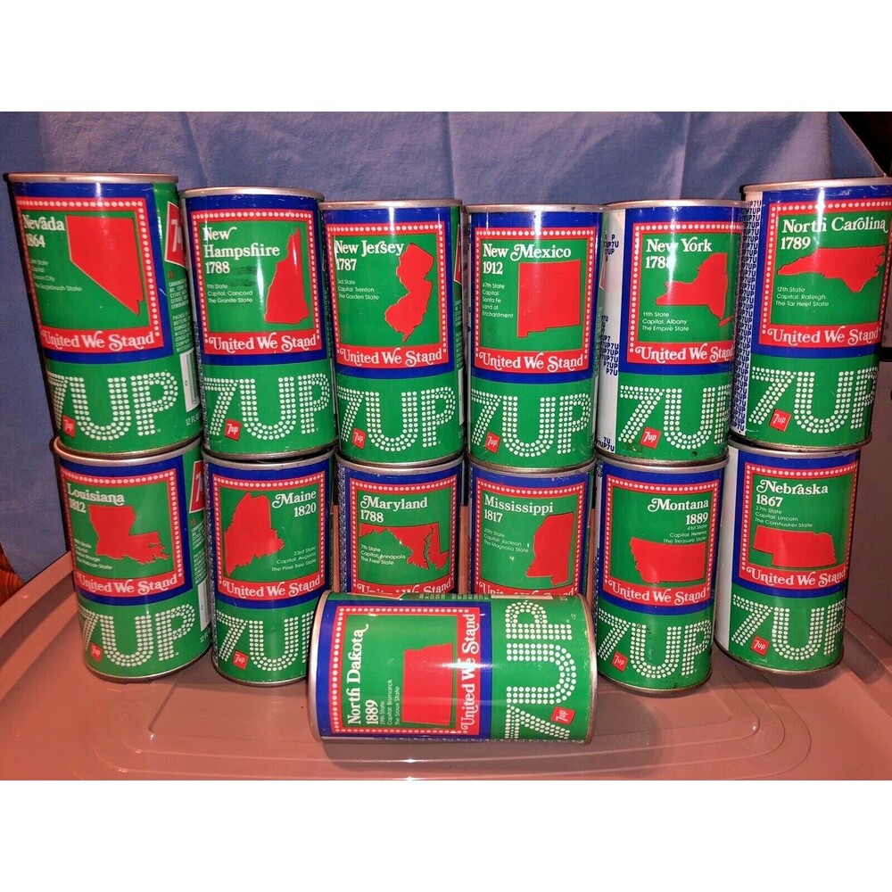 1976 Bicentennial 7 Up Cans - NJ ND MI NM NV LA NB NY NH MD NC ME MT Lot of 13